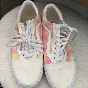 Vans Women's Pink and Yellow Checkered Sneakers